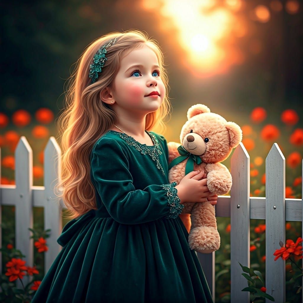 Little Princess in Emerald Velvet Dress, Renaissance Style