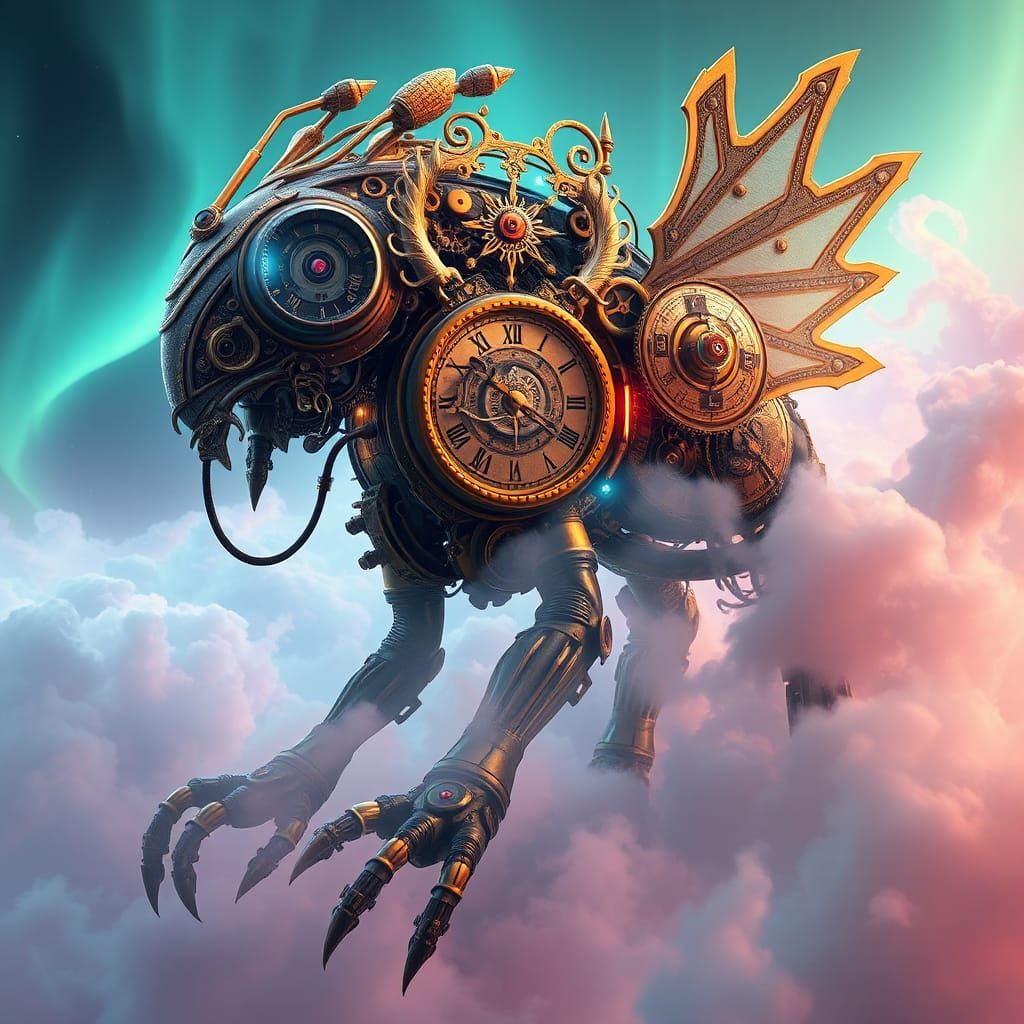 Clockwork Creature in Neon Mist, Steampunk Style