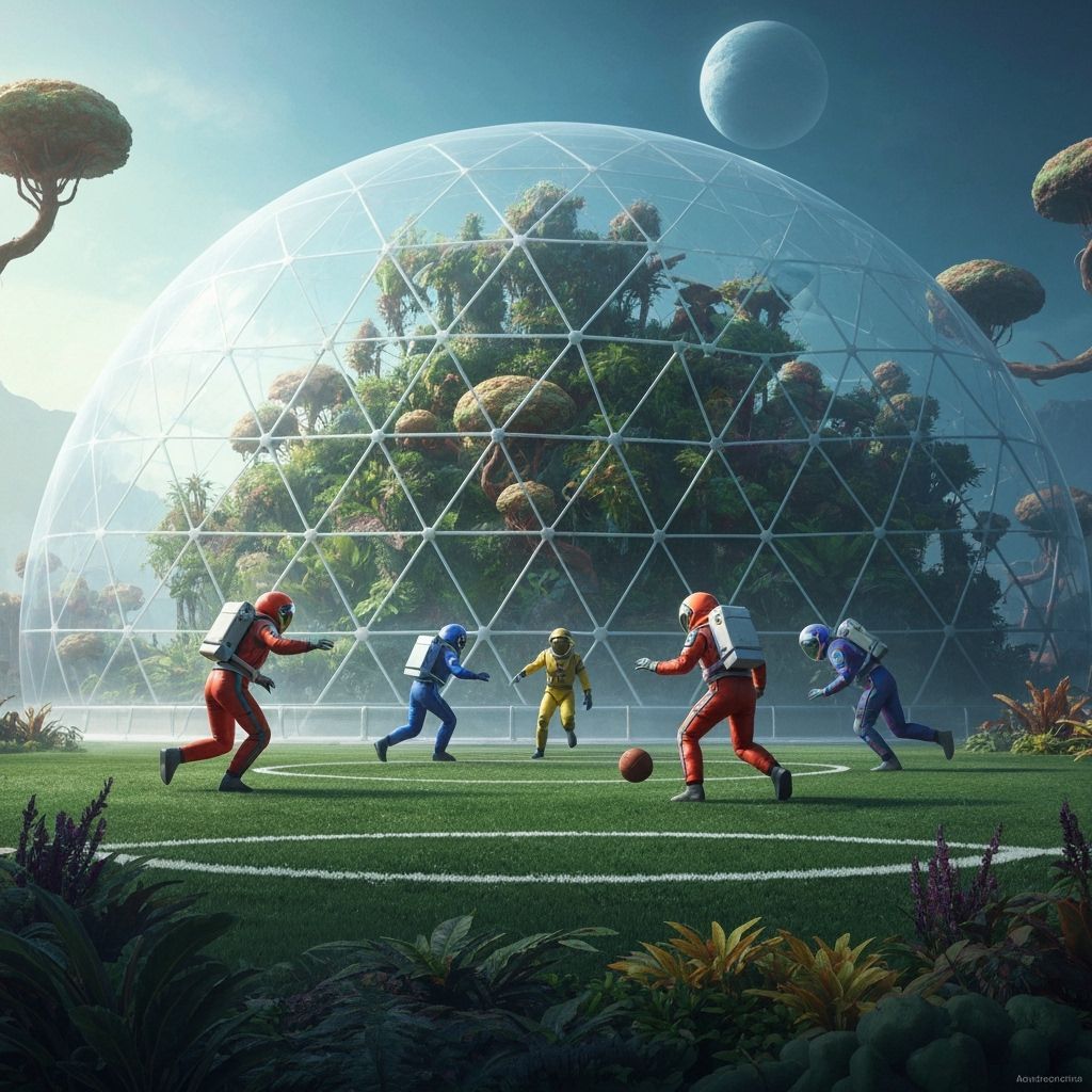 Astronauts Play Football in Alien Geodesic Dome