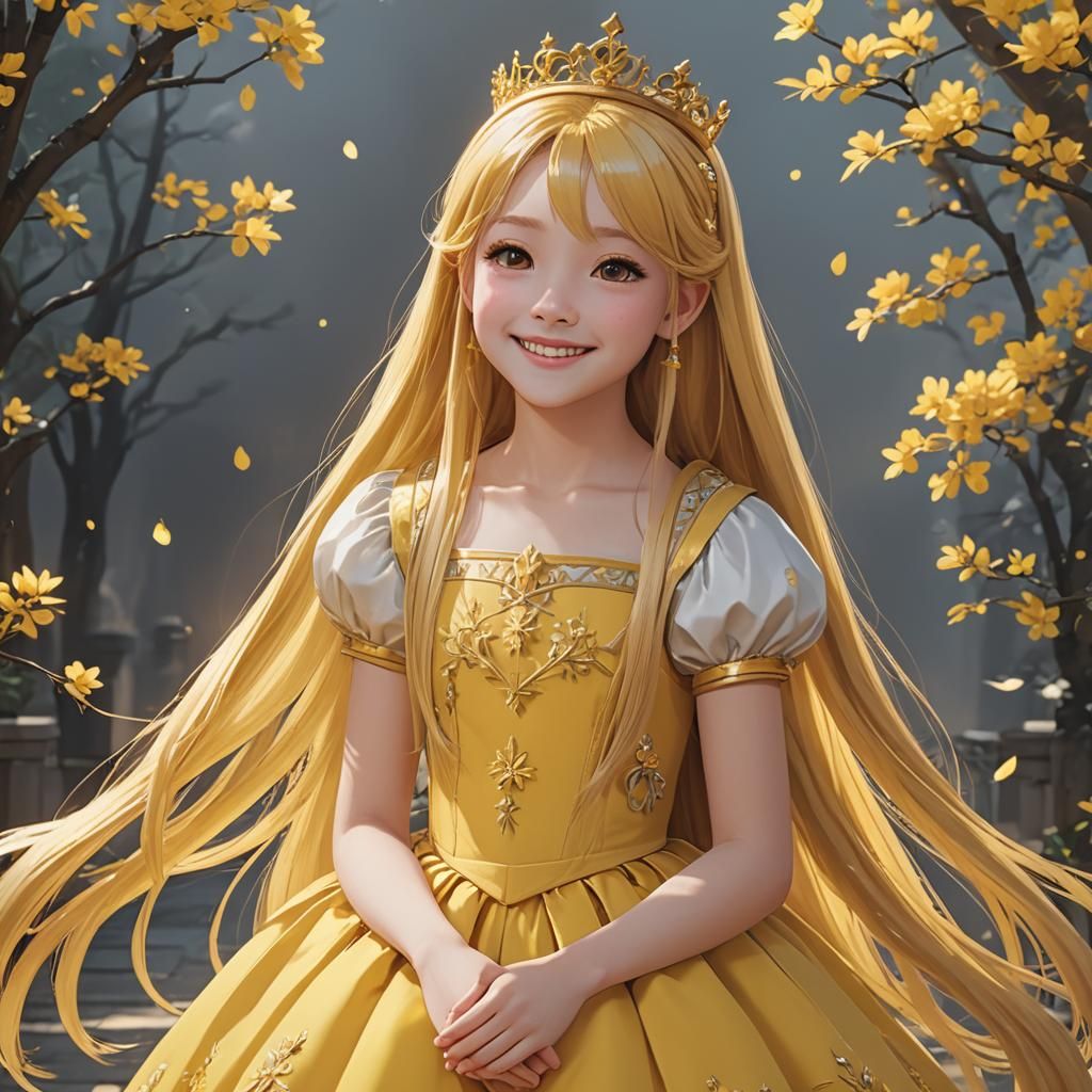 Smiling Young Girl in Yellow Dress: 3D Anime Art