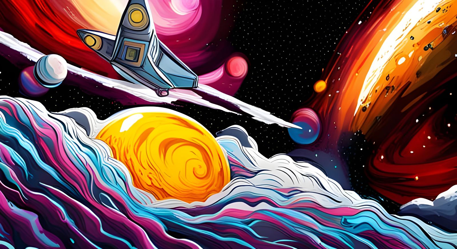 Cosmic Spaceship Near Evolved Planet in Graffiti Art