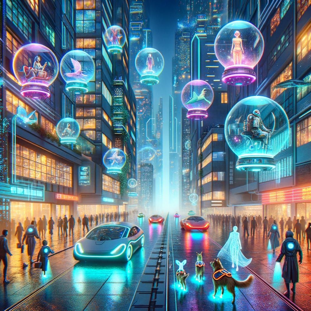 Futuristic Cityscape with Flying Bubbles in Neon Lights