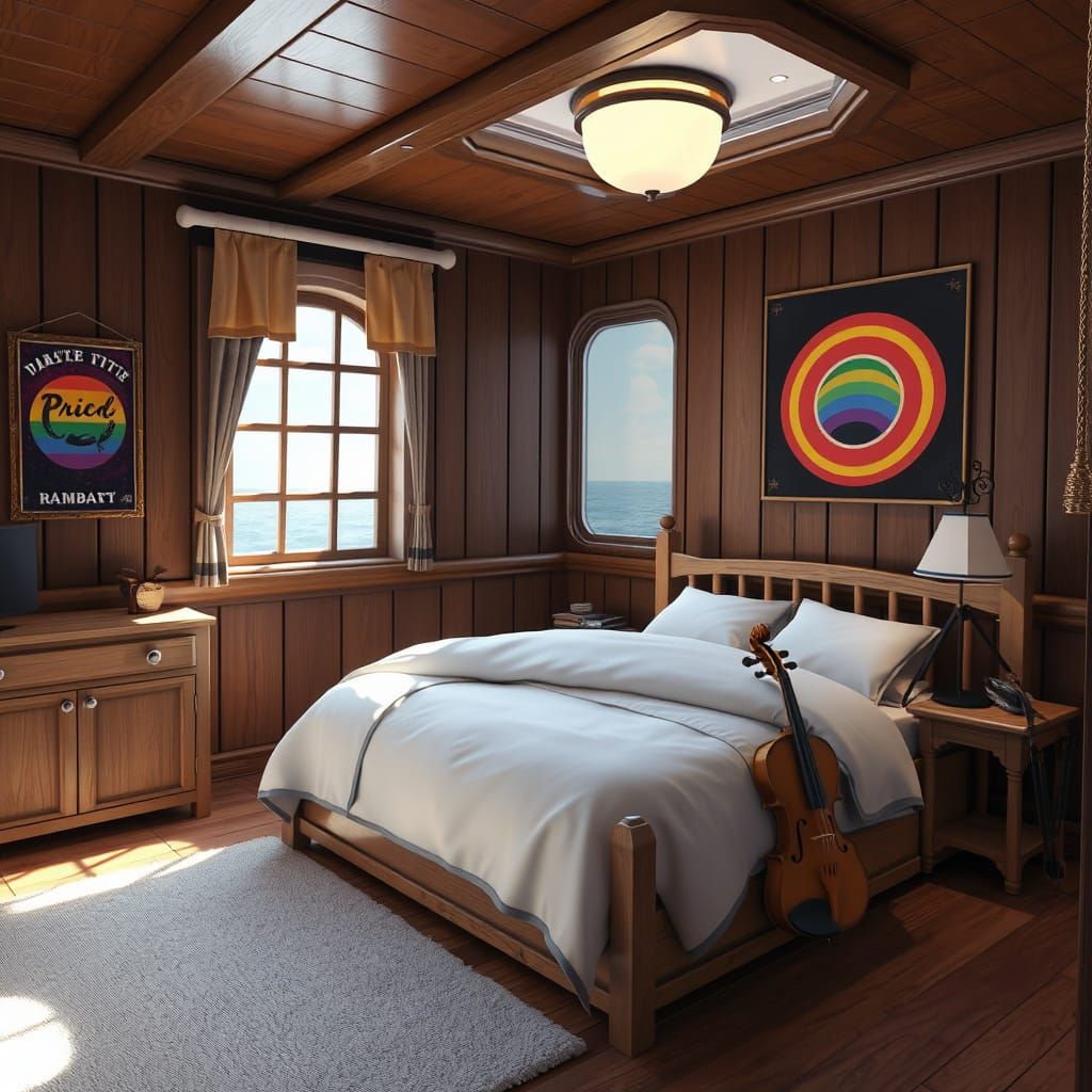 Pirate Ship Cabin with Pride Poster in Anime Style