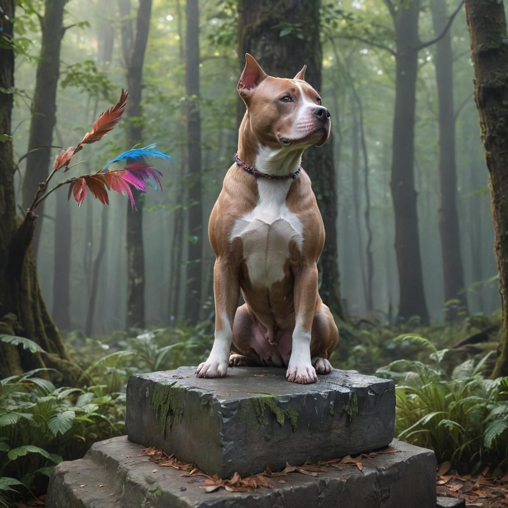 Surreal Pitbull Celestial Guardian in Ethereal Forest