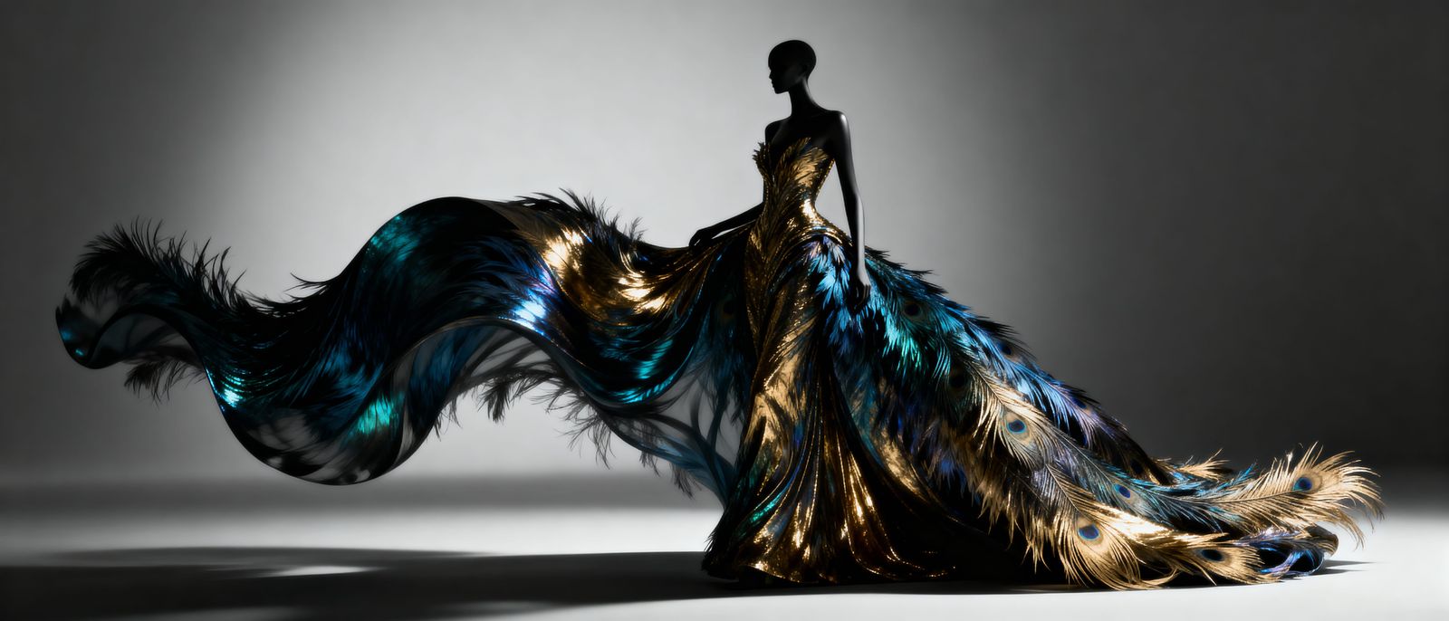 Emu Feather Haute Couture Gown in Digital Art Style