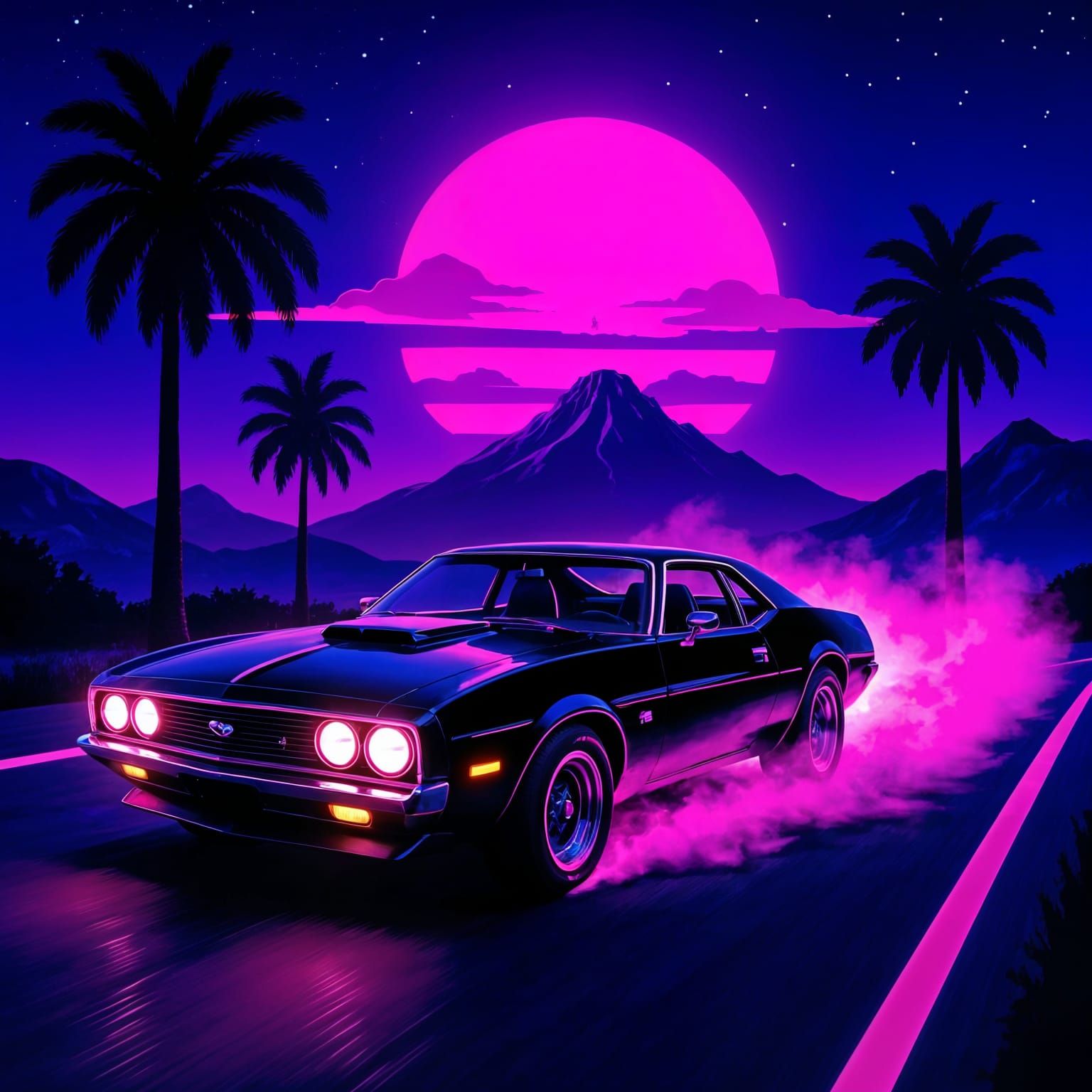 Classic Muscle Car Drifting on Neon Highway in Synthwave Sty...