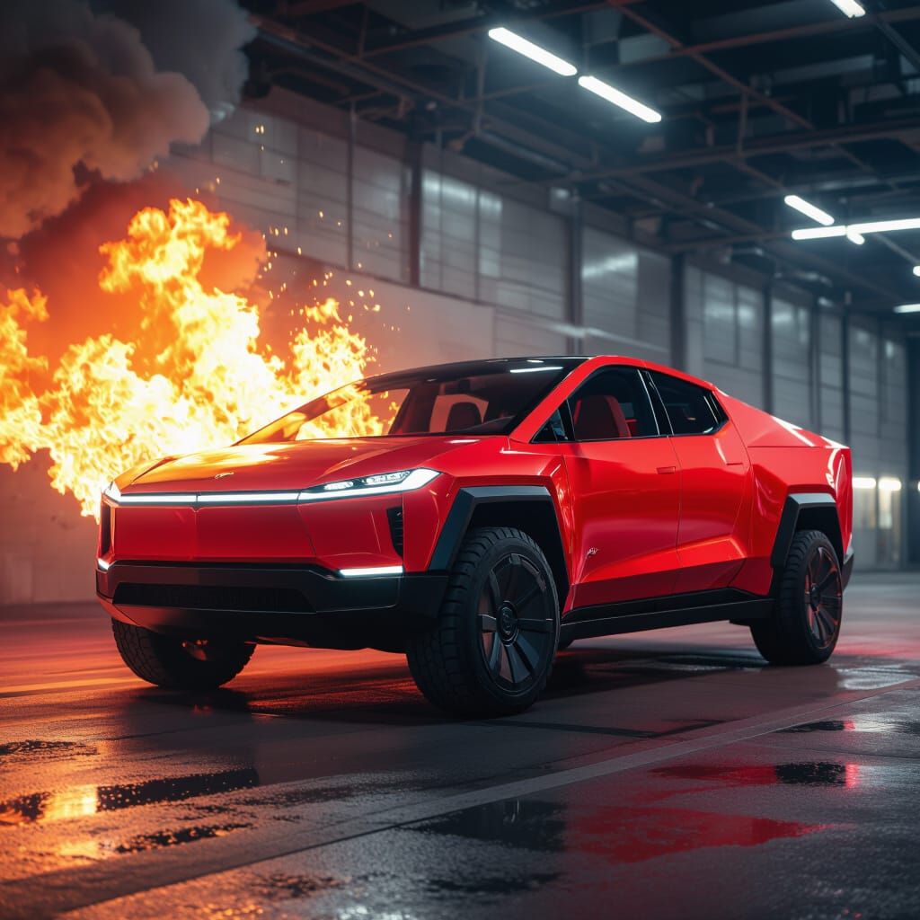 Fire-Engine Red Cybertruck With Flames Erupting