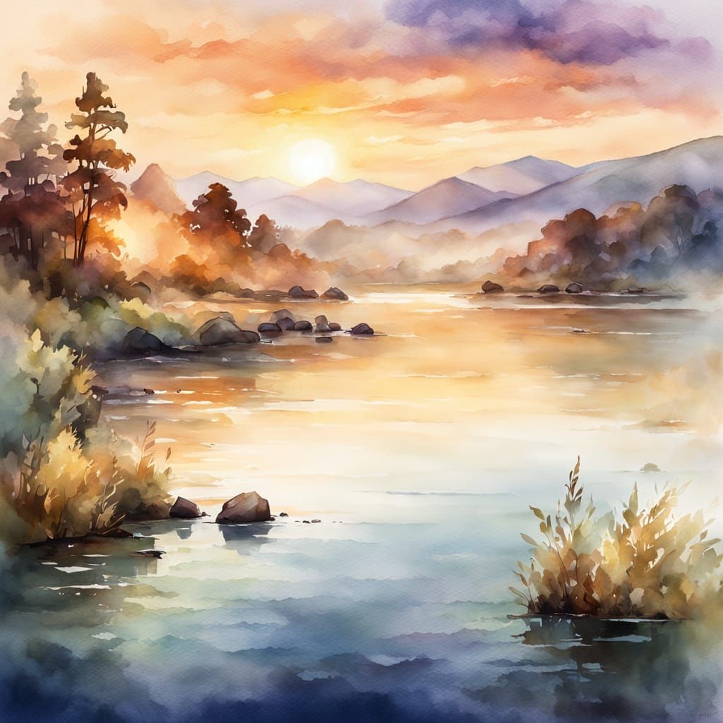 Watercolor Bay at Sunset with Golden Light