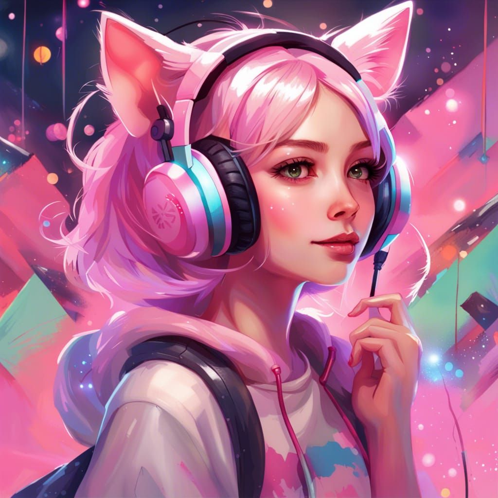 Adorable Female Streamer with Cat Ears in Digital Art