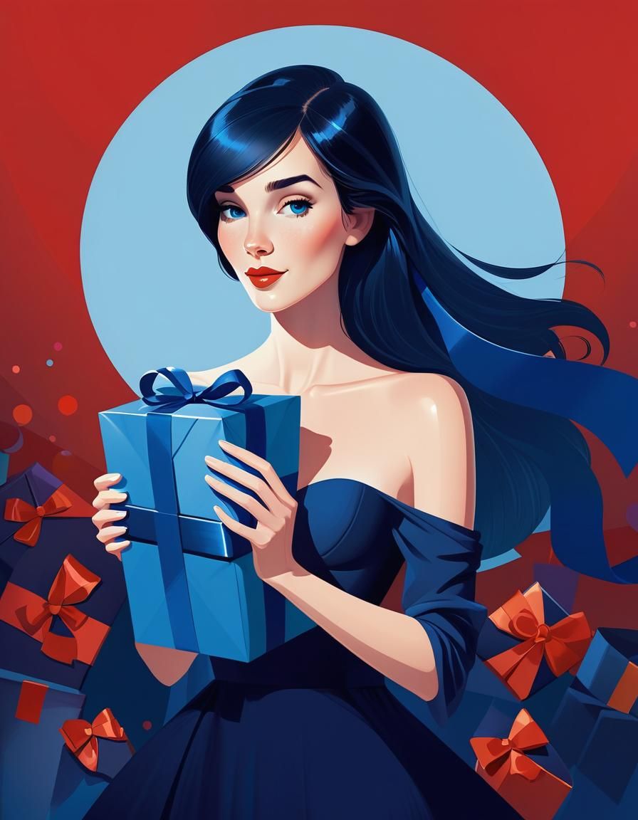Woman with Gift in Cel-Shaded Digital Art