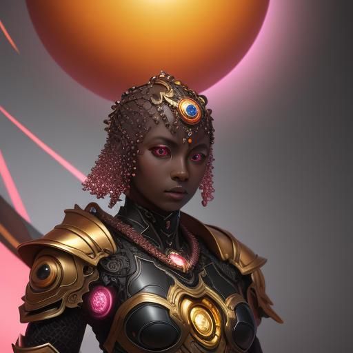 Humanoid in Gold Armor with Fractal Glass Spheres