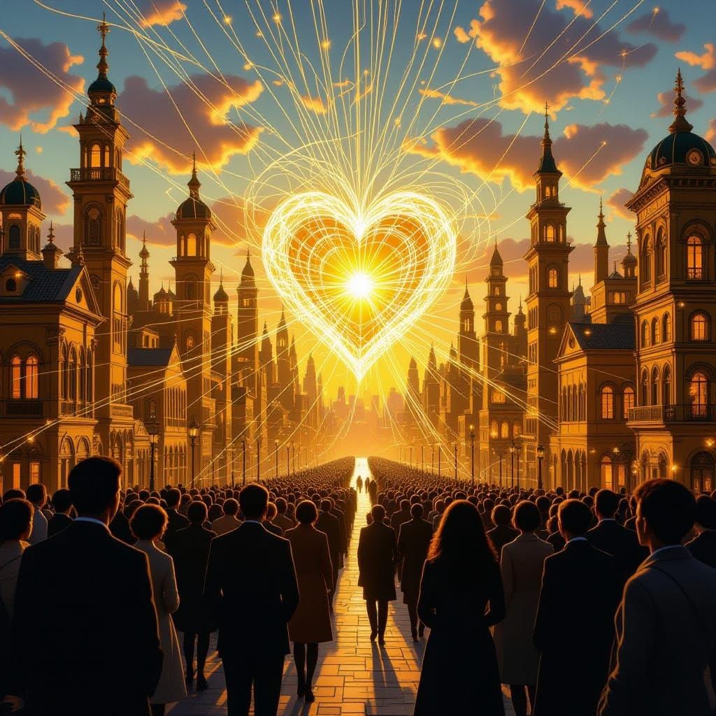 Surreal Golden City Connecting Hearts in Dawn Light