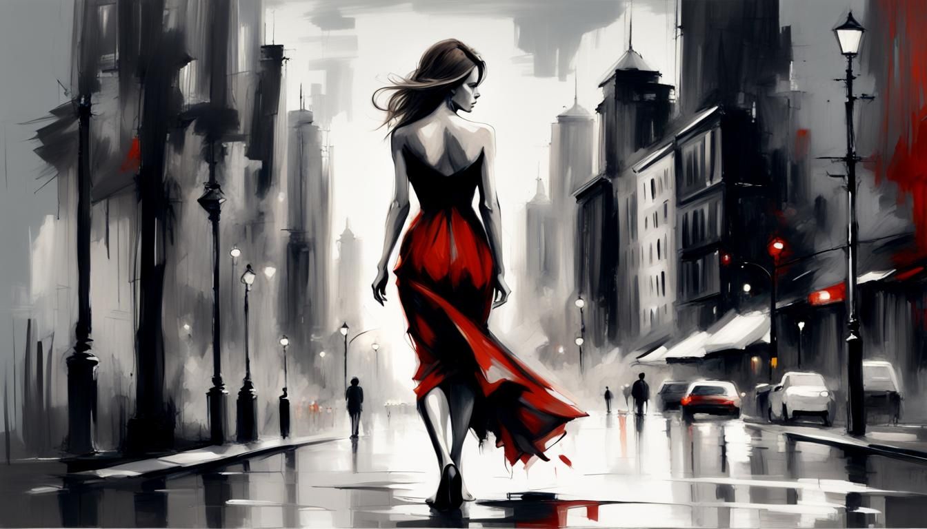 Pensive Woman in Cityscape, Charcoal Art