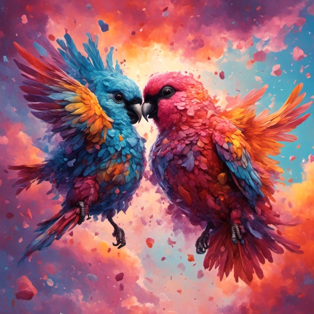 Love Birds in Colorful Sky: Hyperrealistic Splash Art