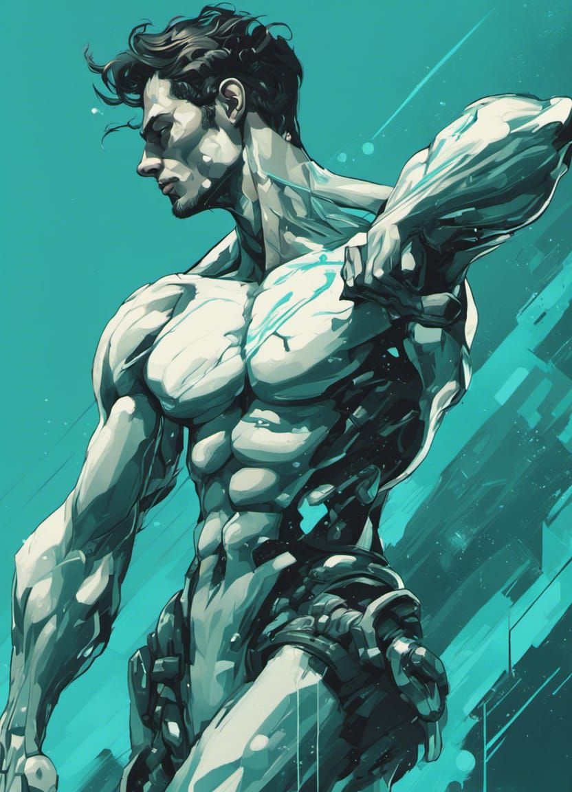 Cyborg Arm Flex: Surrealist Black-Aqua Portrait