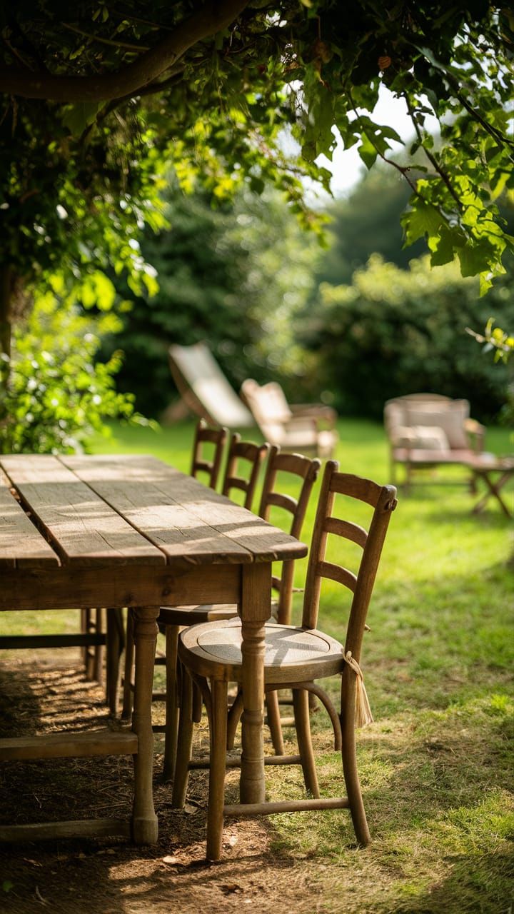 Rustic Wooden Table and Chairs in Garden Setting