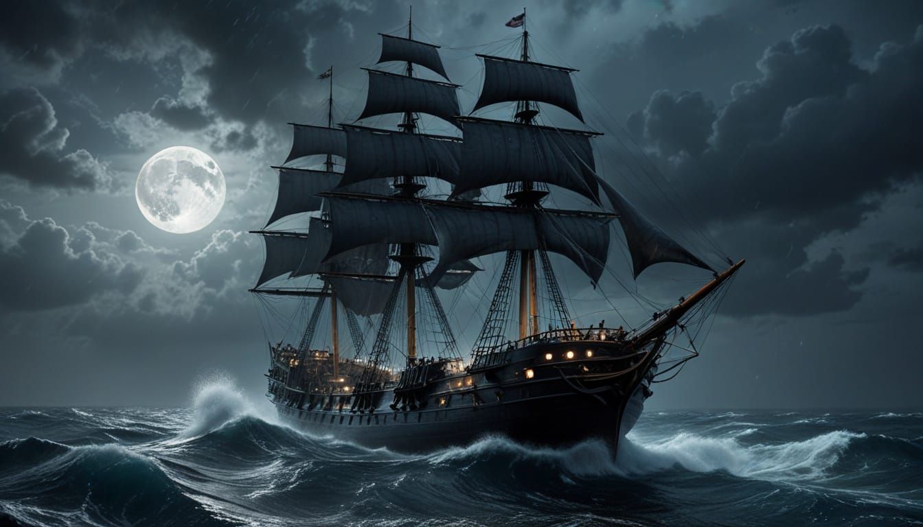 Sailing Corsair Ship in Turbulent Waves Under Spooky Moonlig...