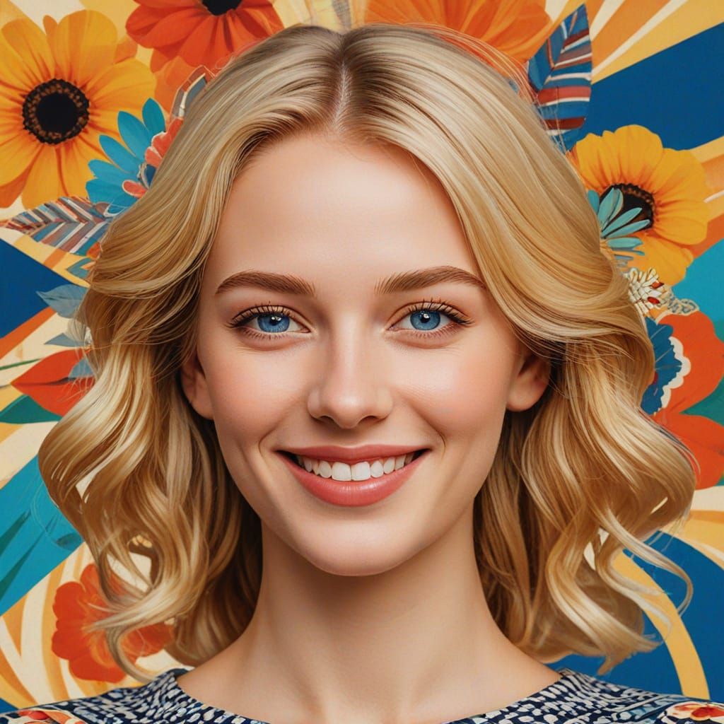 Folk Art Portrait of Smiling Woman with Flowers