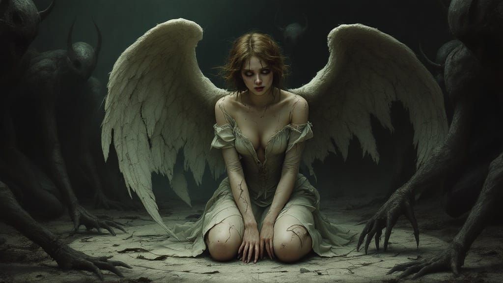 Defeated Angel Surrounded by Demons in Dystopian Style