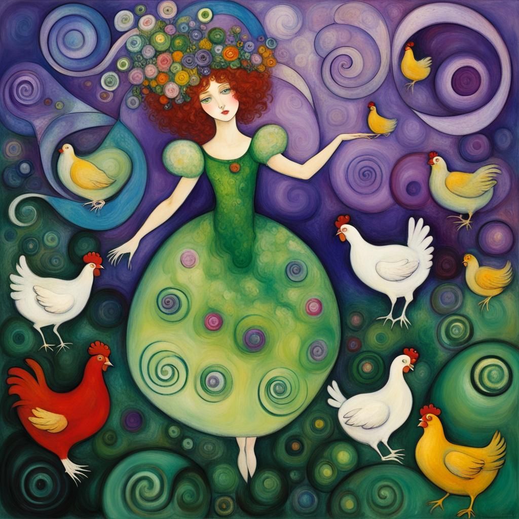 Fairy Princess with Chickens in Art Nouveau Style