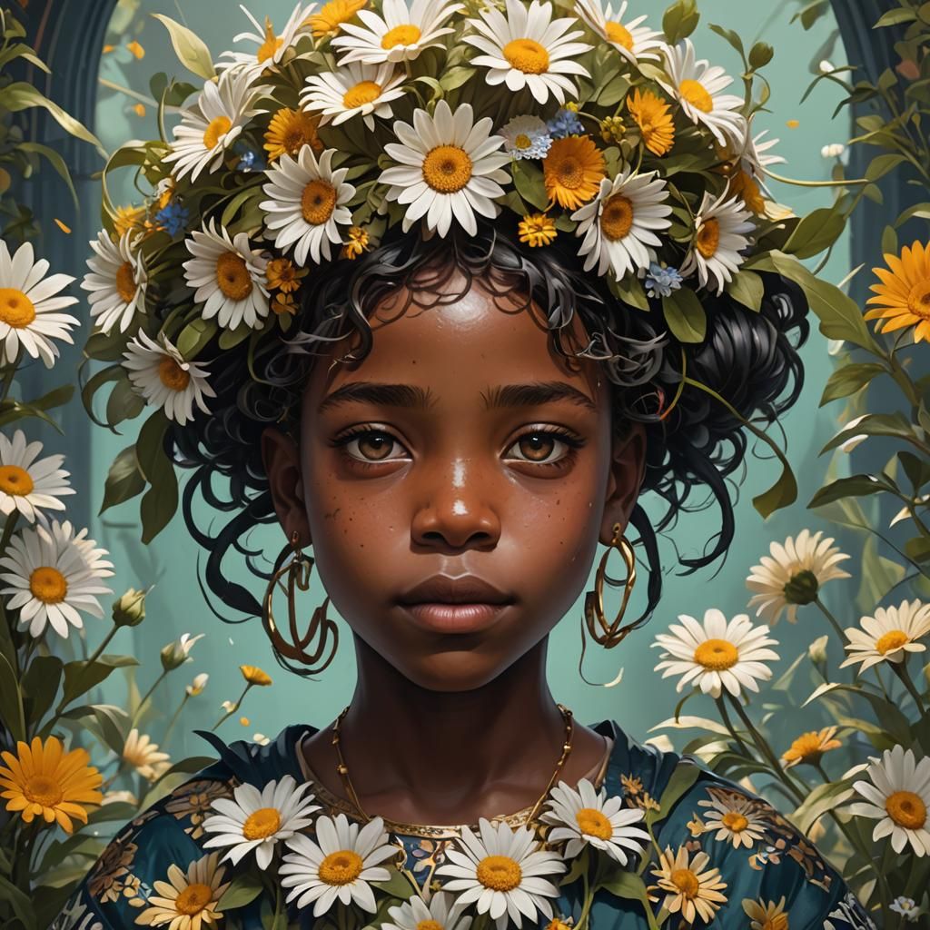Black Child with Daisy Crown: Detailed Portrait