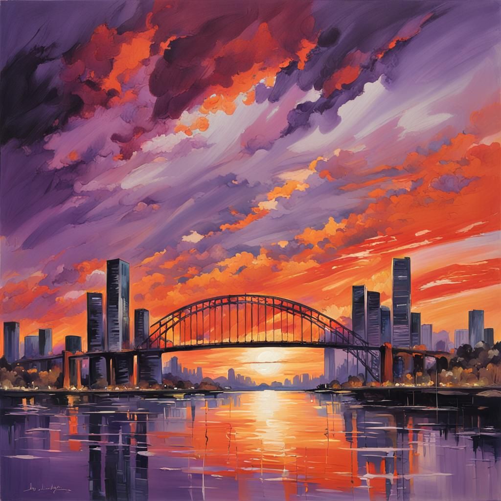 Vibrant Cityscape at Sunset with Colorful Reflections