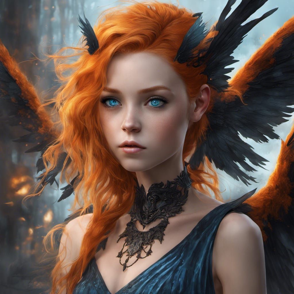 Orange Haired Girl with Black Wings in Matte Painting Style