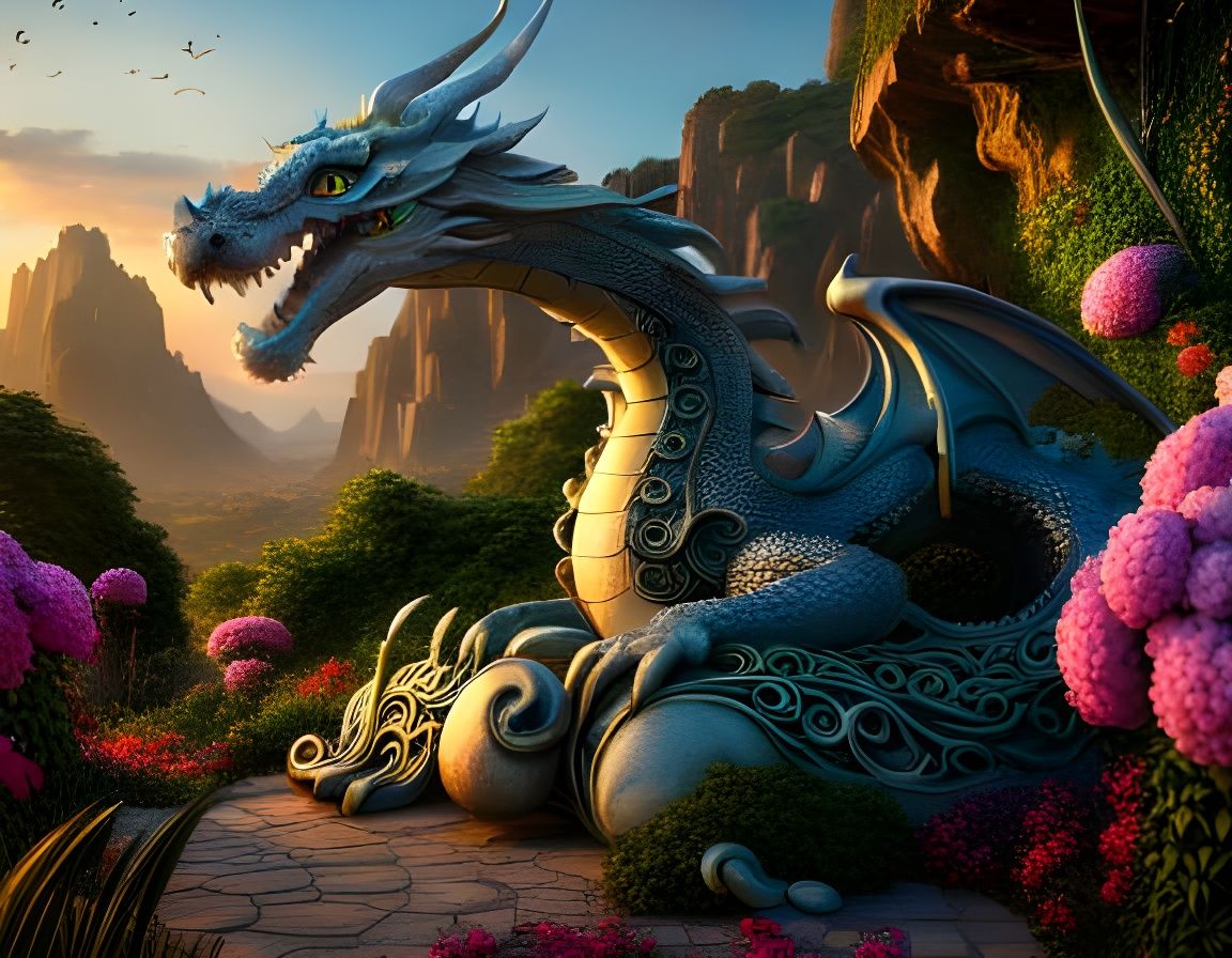 Floral Stone Dragon Statue in Ghibli Style