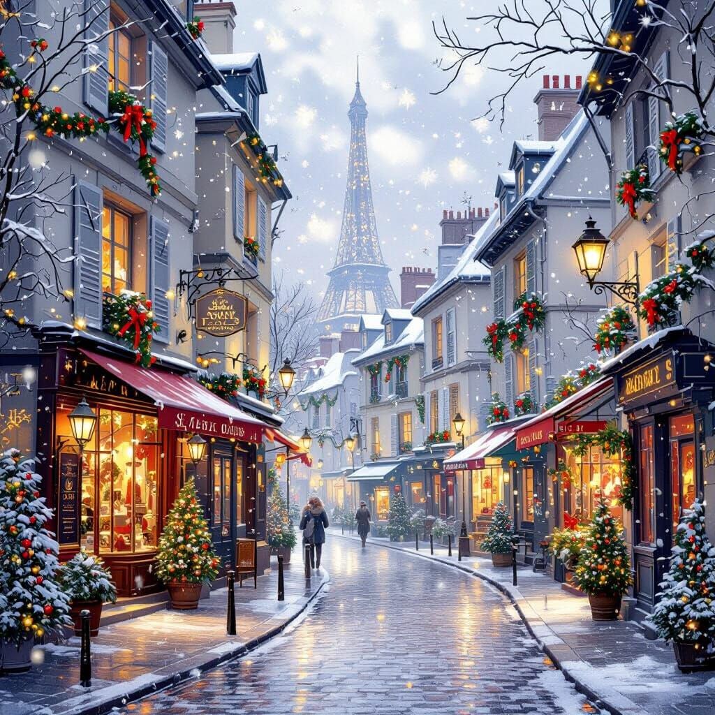 Paris Christmas Street Scene in Kinkade Style