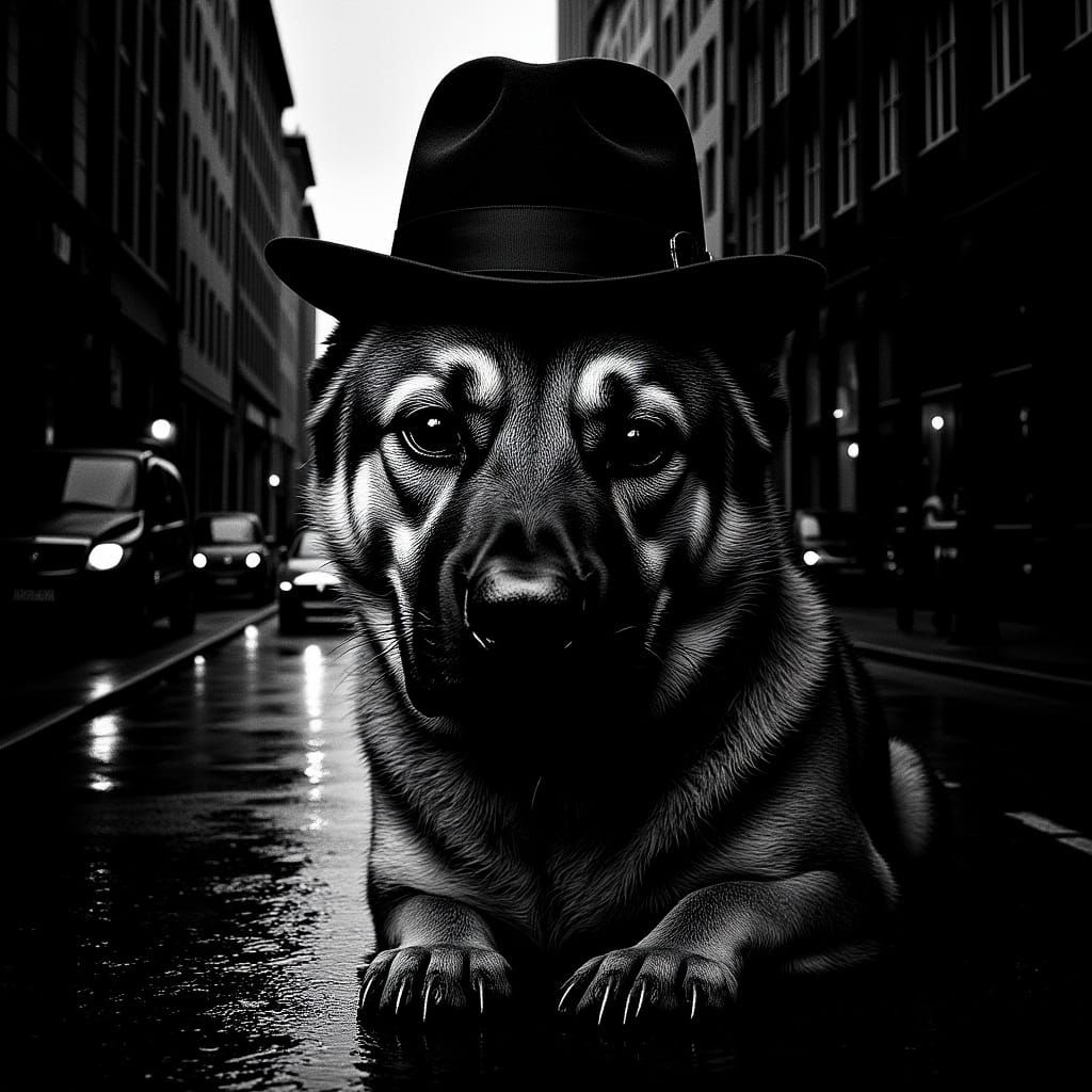 German Shepherd in Rainy City, Film Noir Style