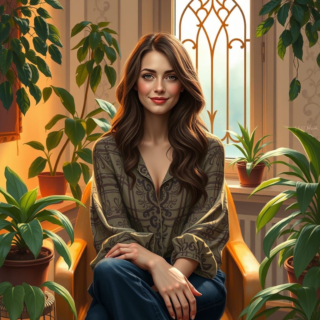 Serene Woman in Therapist Office, Art Nouveau Style