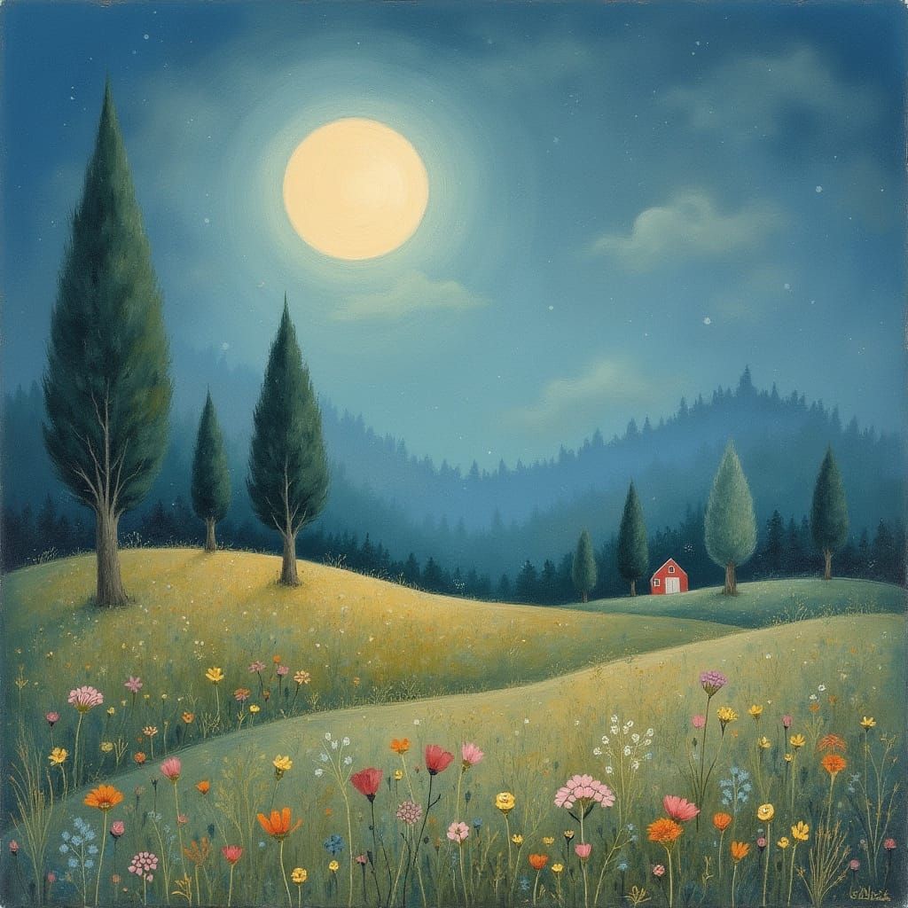 Serene Moonlit Whimsy in Dreamy Gouache