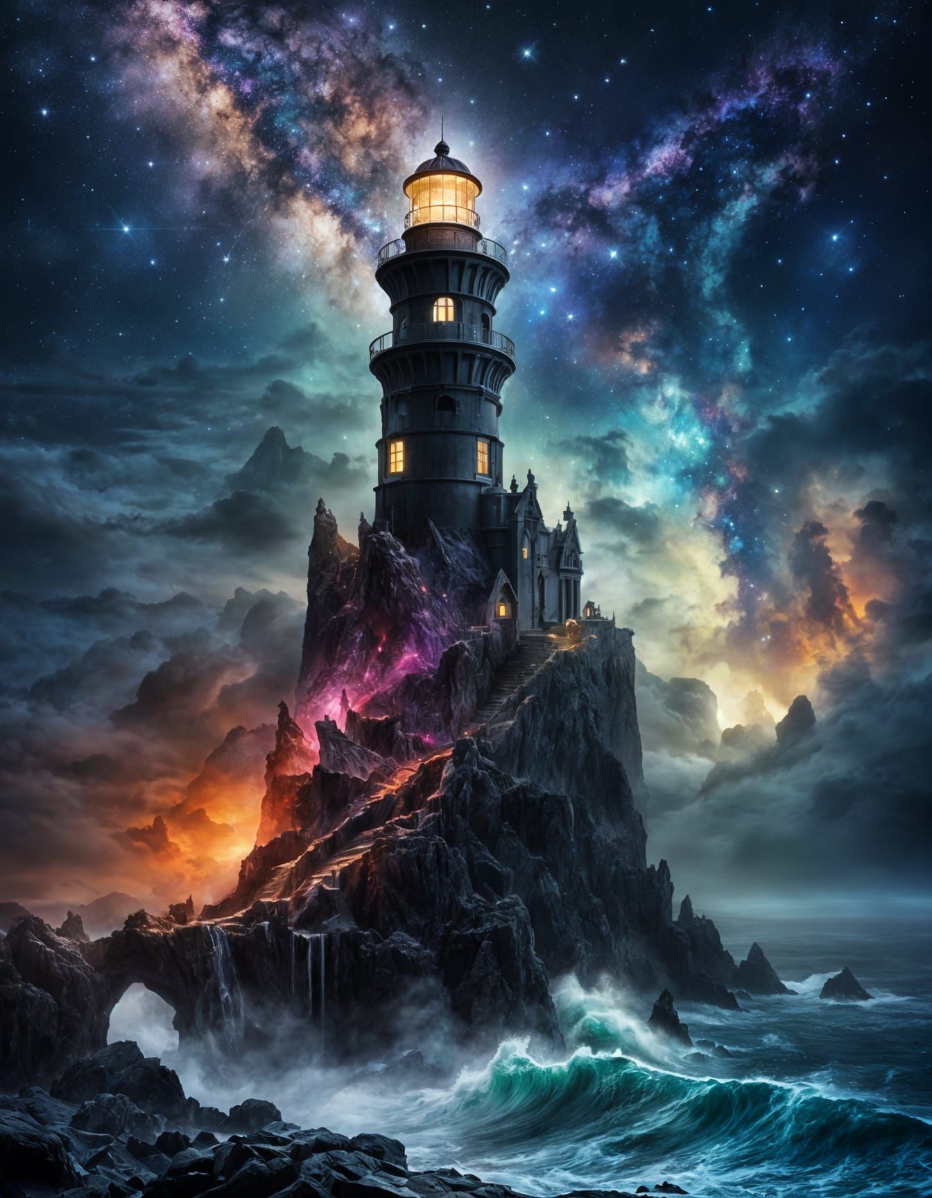 Obsidian Lighthouse on Rocky Coast Under Starry Sky