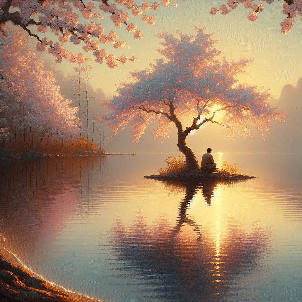 Impressionistic Lakeside Scene with South Asian Man