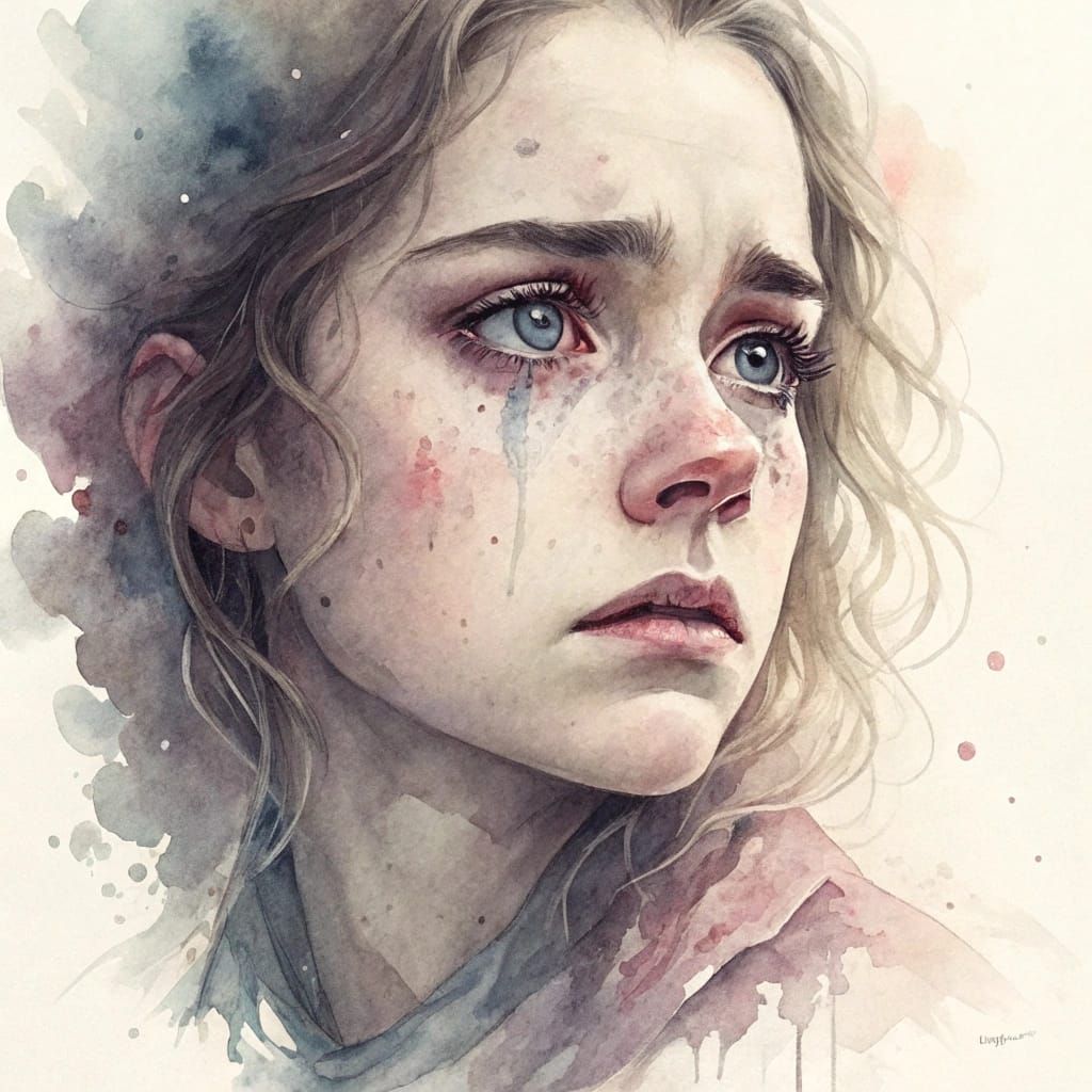 Emotional Watercolor Portrait with Destructive Undertones