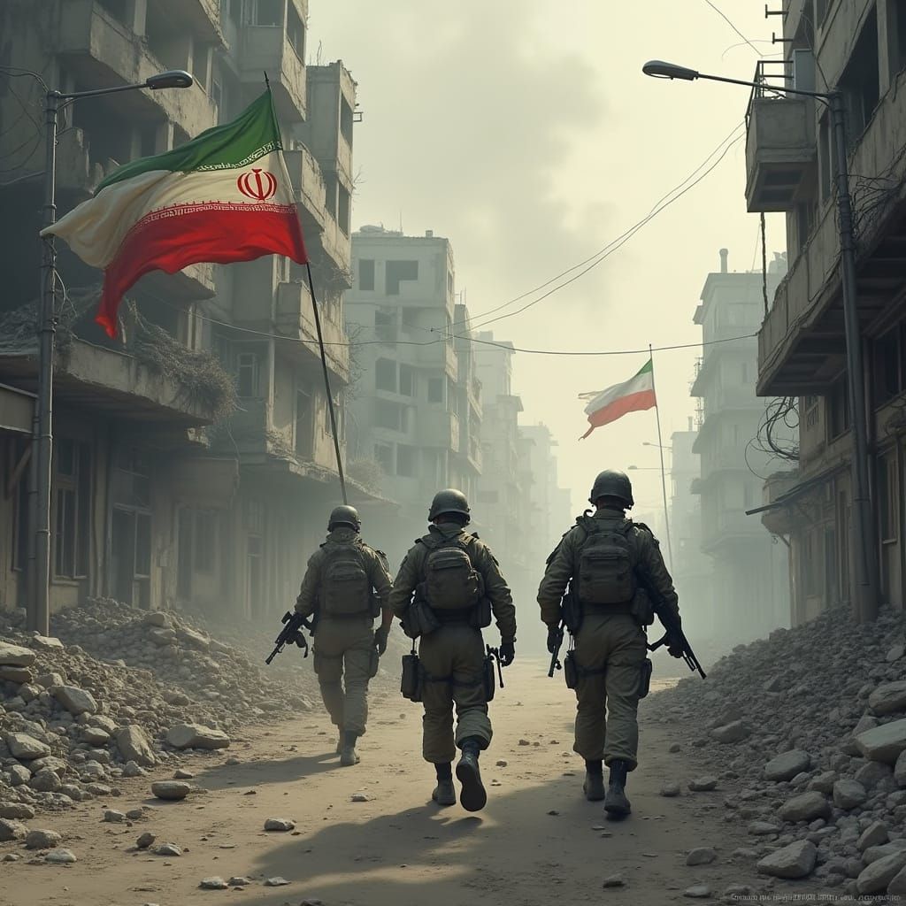 War-Torn Iranian City: Soldiers in a Shattered Landscape