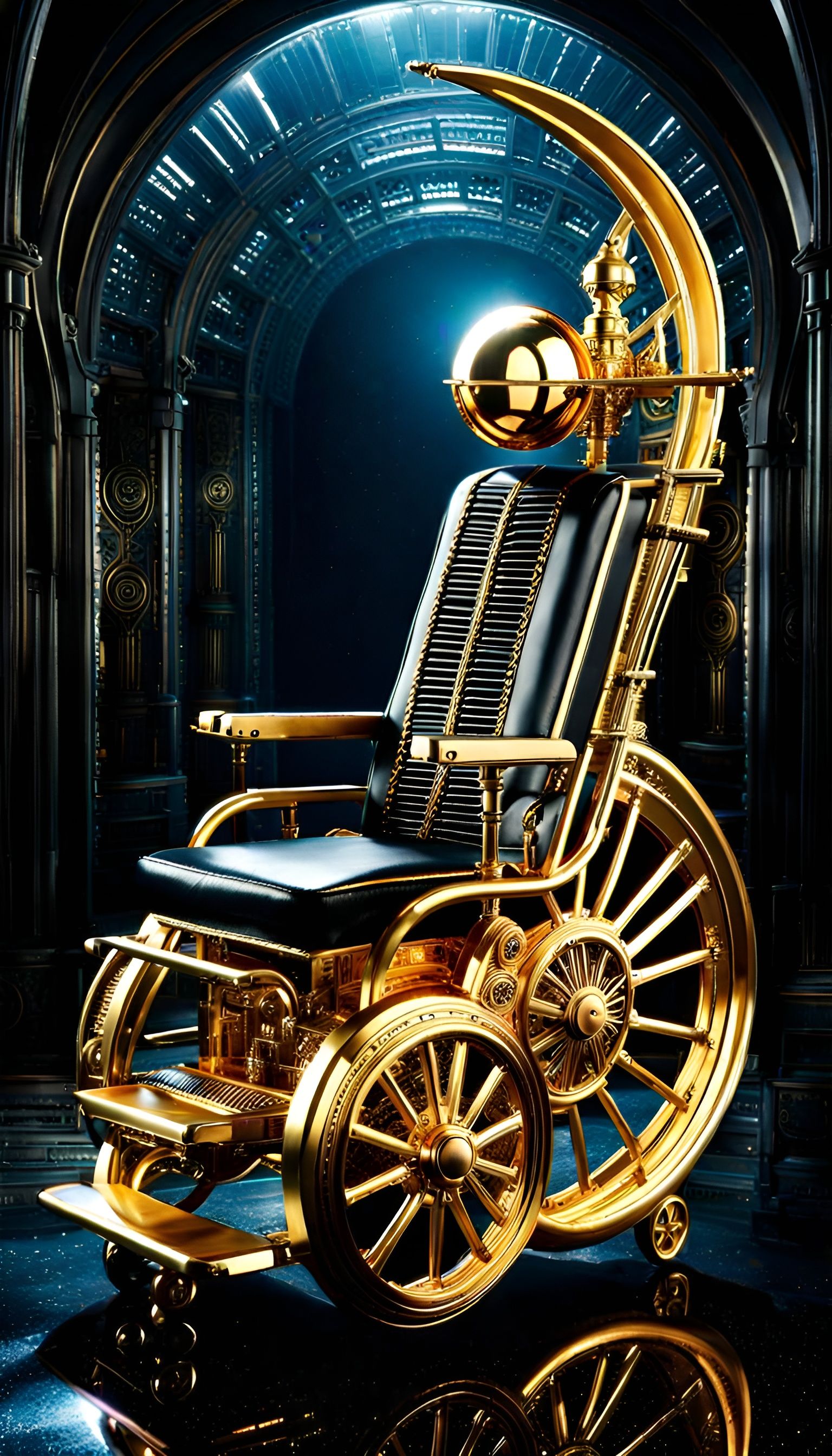 Golden Wheel chair H.R. Giger steampunk,biopunk by Greg Rutkowski Eldritch intricately detailed film noir baroque horror...