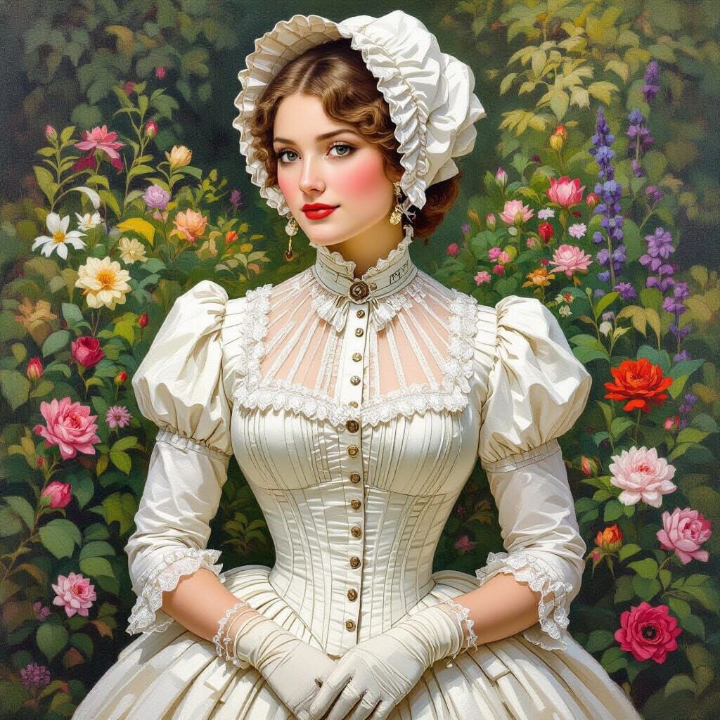 Victorian Woman in Botanical Garden: Oil Painting