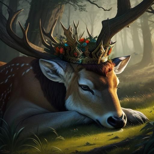 Crowned Prince Asleep in Deer Forest: Hyperrealistic Art