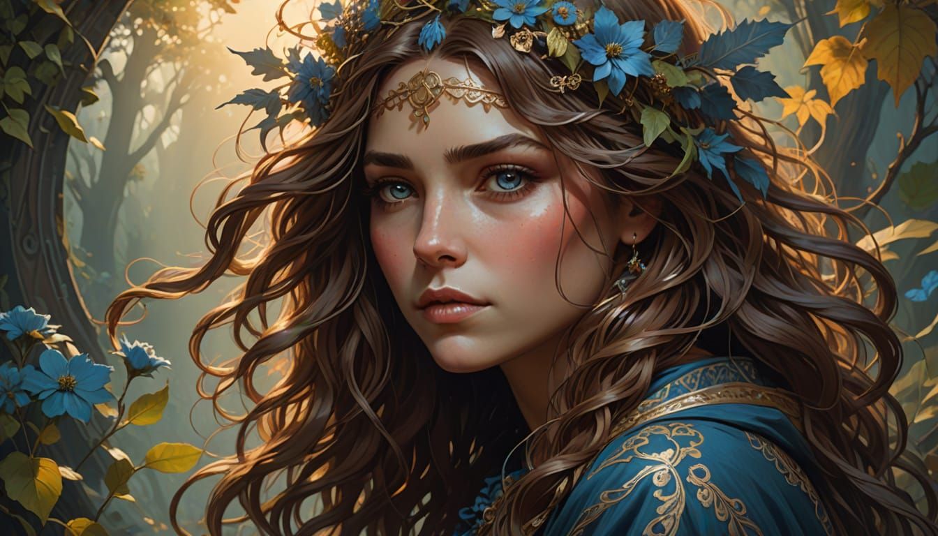 Beautiful Woman with Blue Eyes in Bohemian Digital Painting