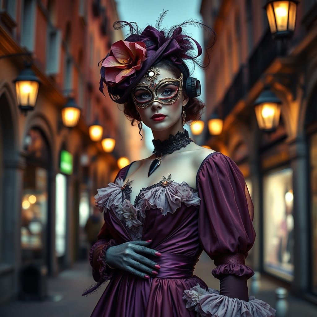 Steampunk Venetian Carnival Woman in Street at Night