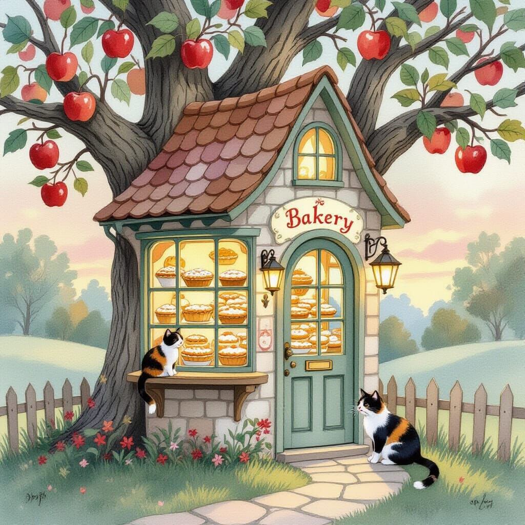 Whimsical Bakery in Apple Tree, Watercolor Art