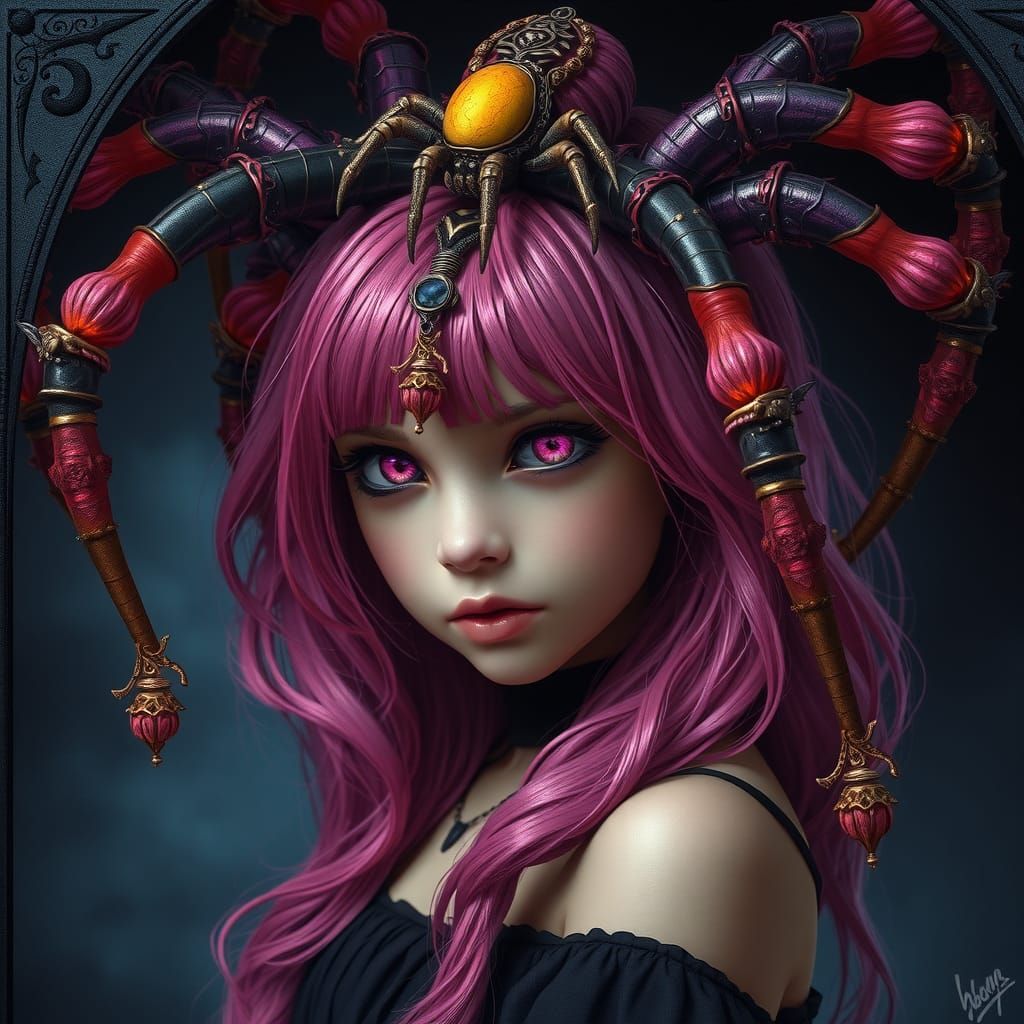 Gothic Portrait: Girl with Spider Headdress in Dark Fantasy ...