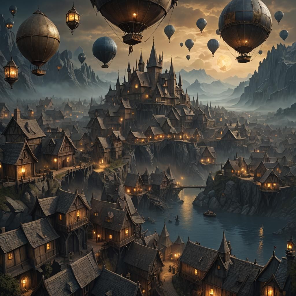 Dwarven Airships Over Medieval Village in Dark Fantasy