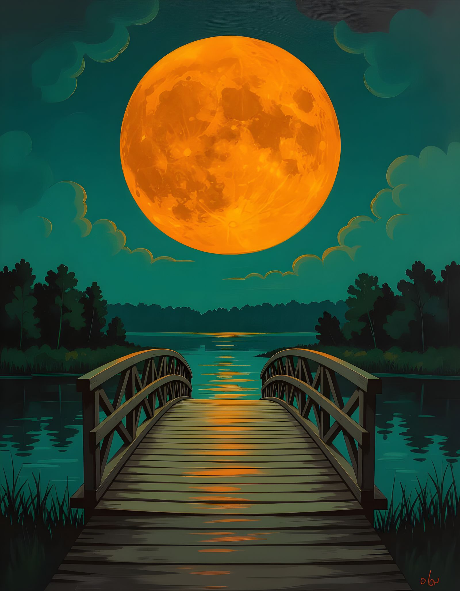 Orange Moon Over River: Dark Green Oil Painting