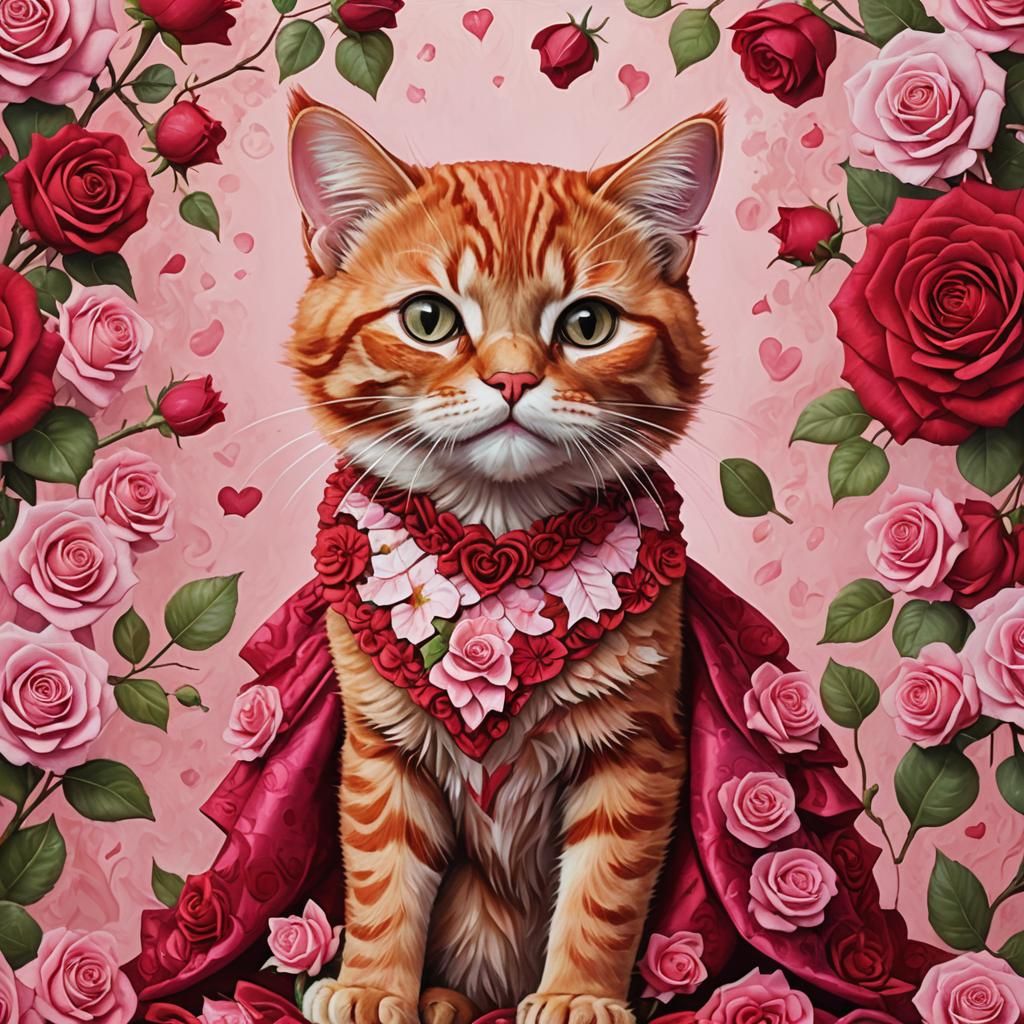 Candy Apple Red Cat in Rose Garden, 3D Render