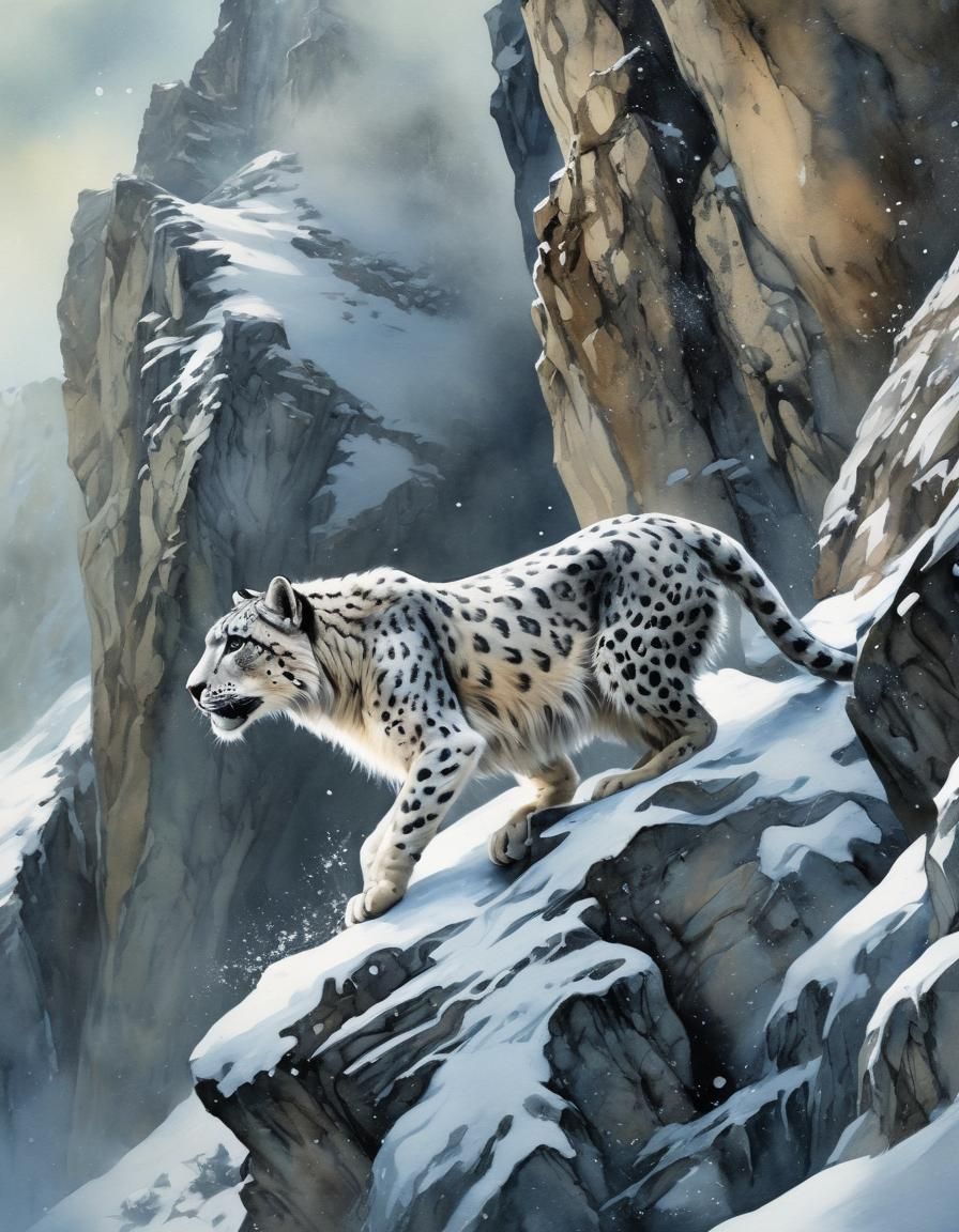 Snow Leopard Leap: Fantasy Art in Aquarelle Style