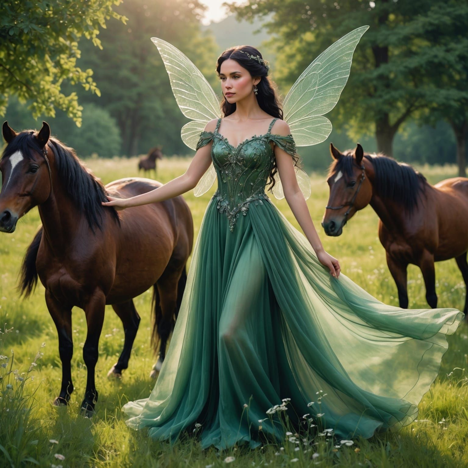 Enchanting Fairy in Meadow with Flowing Red Dress