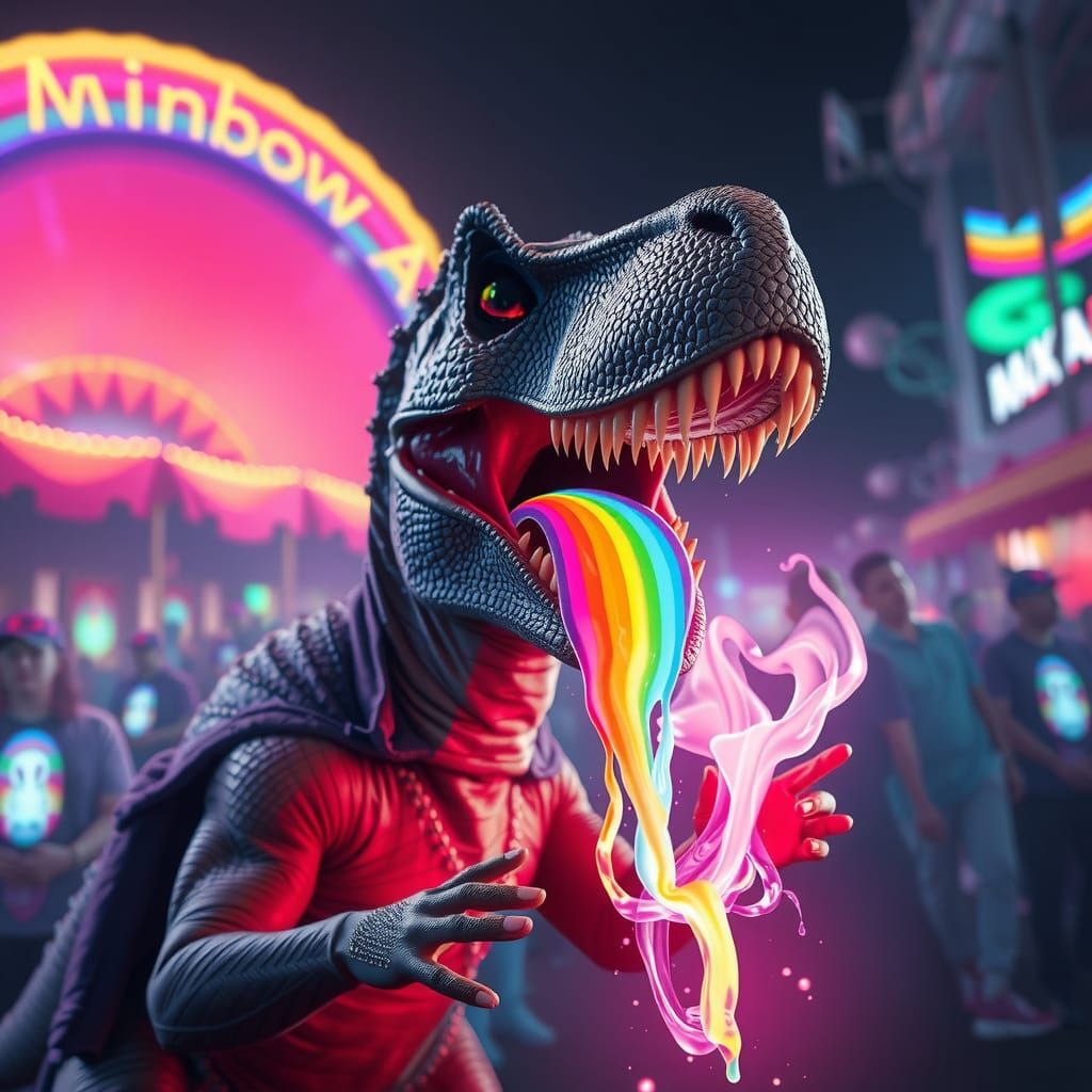 Humanoid T-Rex Sorcerer Conjuring Rainbows