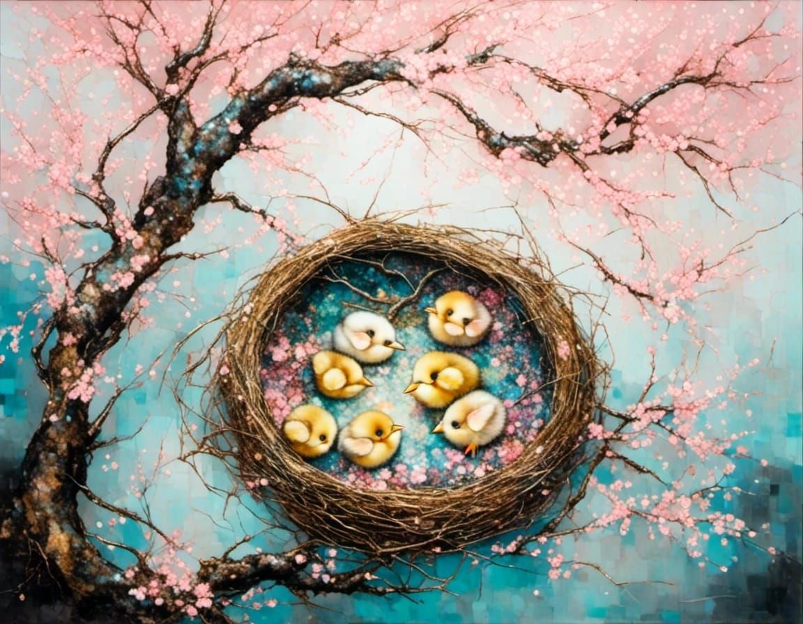 Japanese Nest with Chicks in Alcohol Ink Style